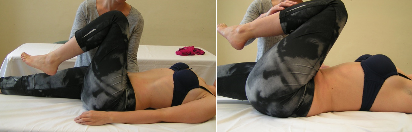 A csípőízületi flexió vizsgálata. 1. kép: aktív mozgásterjedelem (a vizsgáló keze a lumbális gerinc alatt érzékeli a medence kezdődő hátrabillenését); 2. kép: A medence hátrabillenése jelentősen növeli a mozgásterjedelmet.