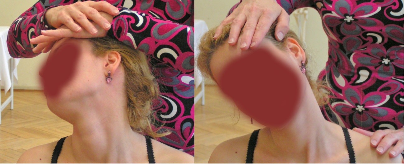A nyaki gerinc speciális tesztjei: j. oldali kisizületek zárása (1. kép), j. oldali foramen intervertebrale zárása (2. kép)