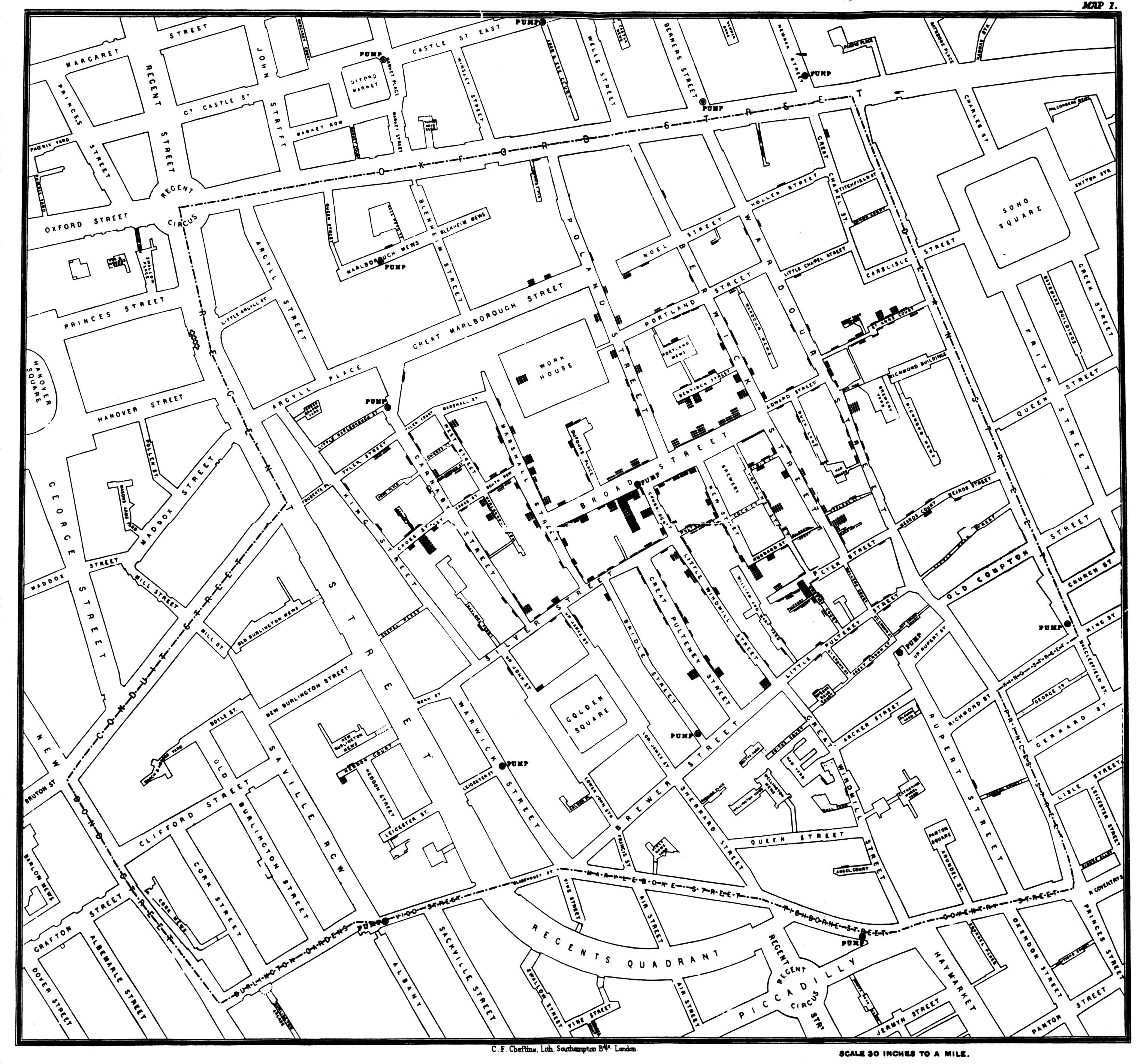 A londoni kolerajárvány haláleseteinek térbeli ábrázolása, és az ivóvíz-kutak helyzete (J. Snow térképe)