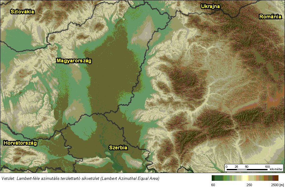 A Kárpát-medence középső és keleti területe radarral mért (SRTM) magassági modellben (100 m-es horizontális felbontás, méteres vertikális felbontás)A Velencei-hegység és környékének digitalizált szintvonalrajza
