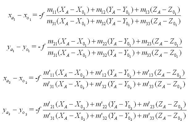 A kollinearitási egyenletrendszer kifejtve: 1 GCP alapján 1 képpárra