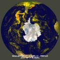 Anim16 - The initial ash and SO2 plume from the Puyehue - Cordon Caulle Volcanic Complex (PCVCC) reaches South America, after circling the globe in eight days (copyright 2011 EUMETSAT)