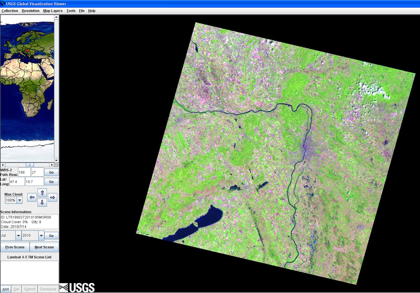 Letölthető, aktuális LANDSAT TM műholdkép a GLOVIS adatbázisban